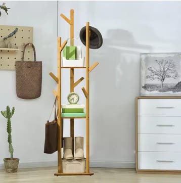 Bamboe Kapstokstandaard met 9 Haken en 3 Planken –Vrijstaand, Kleding | Dames, Kledingrekken, Verzenden, Nieuw