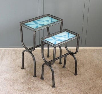 Bijzettafel - Metaal, Glas - Set van twee Franse metalen
