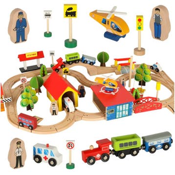 Houten Treinbaan 69-delig – Houten Treinset met Stad, Trein, Ophalen of Verzenden, Nieuw