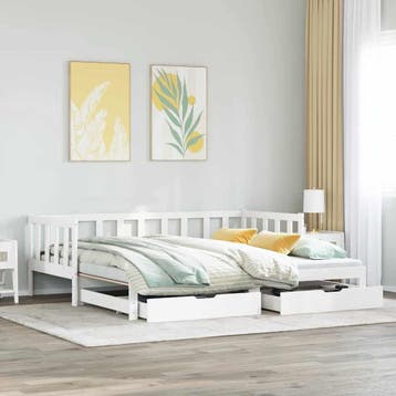 vidaXL Slaapbank met onderschuifbed/lades zonder matras, 90 cm, Eenpersoons, Verzenden, Wit