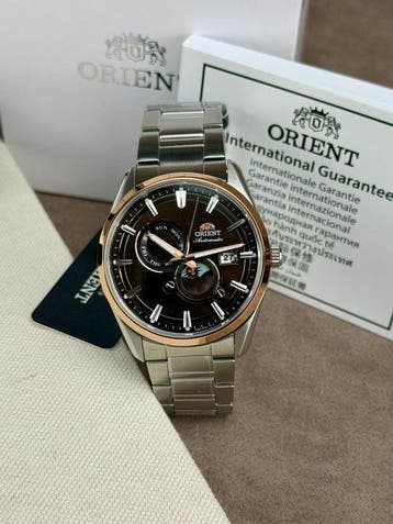 Orient - Stretto Sun & Moon Automatic Day/Date Silver/Brown, Nieuw