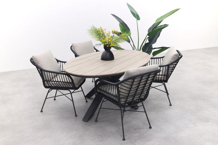 GI Margriet zwart/zand / Edison 180 x 115 cm. tafel - ovale, Tuin en Terras, Tuinsets en Loungesets, Tuinset, Nieuw, Wicker, Verzenden