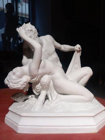 sculptuur, Satiro e baccante - 26 cm - Biscuit porselein