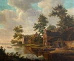 Hollandse school (XVIII) - Landschap met bedrijvigheid, Antiek en Kunst, Kunst | Schilderijen | Klassiek
