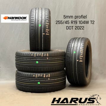 255/45/19 104W T2 Hankook zomerbanden 5mm profiel 4X, 19 inch, Gebruikt, 255 mm, Ophalen of Verzenden