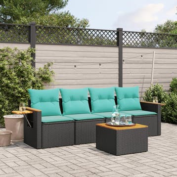 vidaXL 5-delige Loungeset met kussens poly rattan zwart, Verzenden, Nieuw, Loungeset