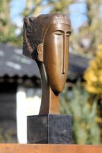sculptuur, modern woman face - 44 cm - brons marmer