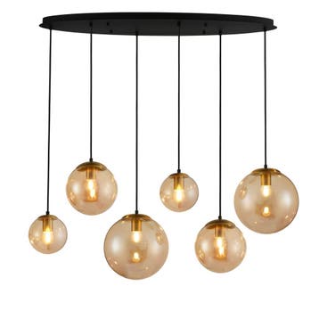 Hanglamp zwart met amberglas ovaal 6-lichts - Sterre, Huis en Inrichting, Lampen | Hanglampen, Verzenden, Nieuw, Glas