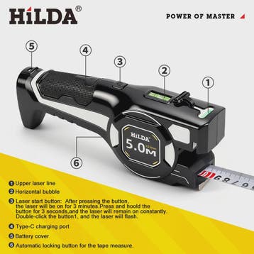 HILDA 2-in-1 Laser Rolbandmaat met Groene Laser & Automatisc, Verzenden, Nieuw