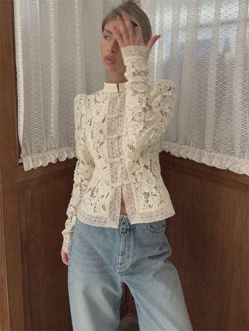 Elegante Witte Kant Blouse met Lange Mouwen en Uitgesneden D, Verzenden, Nieuw
