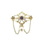 Gouden broche met parels en paarse glaskraal, Gebruikt, Overige kleuren, Ophalen of Verzenden, Met edelsteen