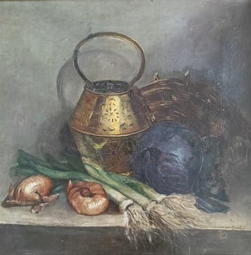 Suze de Lint (1878-1953) - Stilleven met koperen ketel, uien