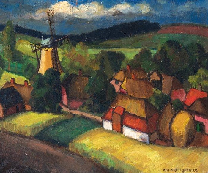 Toon Vijftigschild (1902-1981) - Zomers Landschap met Molen, Antiek en Kunst, Kunst | Schilderijen | Klassiek