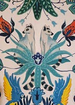 300x280cm! Exclusieve Art Déco stof met papegaaien en