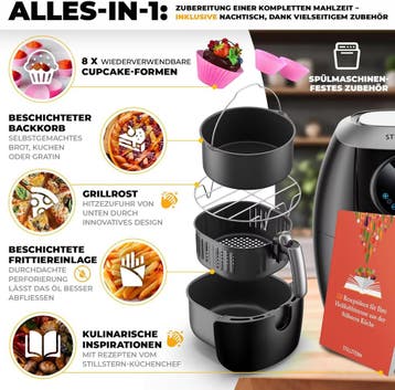 Airfryer - Heteluchtfriteuse - 5 Liter - 1800W - Zwart - Sti, Verzenden, Zo goed als nieuw