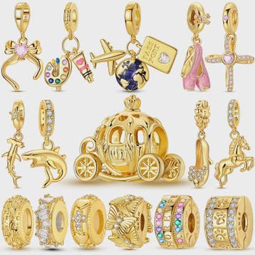 925 Sterling Zilveren Bedel: Gouden Strik met Roze Hart & Kr, Verzenden, Nieuw