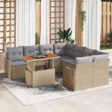 vidaXL Tuin Sofa Set 9 st Beige Poly riet, Verzenden, Nieuw, Rotan, Meer dan 8 zitplaatsen