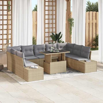 vidaXL Tuin Sofa Set met opslag 10 pcs Beige Poly riet, Verzenden, Nieuw, Rotan, Meer dan 8 zitplaatsen