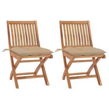 vidaXL Inklapbare stoelen 2 st met beige kussens massief, Tuin en Terras, Verzenden, Nieuw