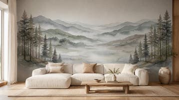 Landschap behang – mistige bergen en een stil meer, Huis en Inrichting, Grijs, Natuurlijk, Overige merken, Ophalen of Verzenden