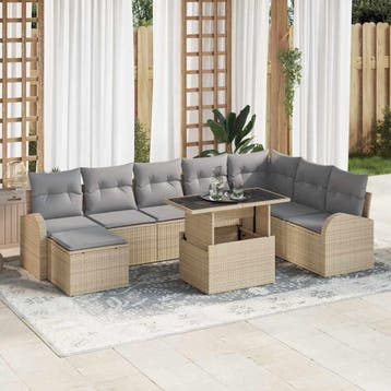 vidaXL Tuin Sofa Set 9 st Beige Poly riet, Verzenden, Nieuw, Rotan, Meer dan 8 zitplaatsen
