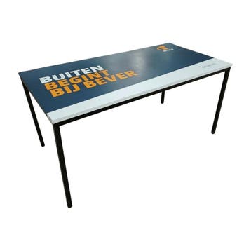 Tafel met updruk 160x80x76cm, hout blad en metalen frame,, Ophalen of Verzenden, Gebruikt, Overige typen