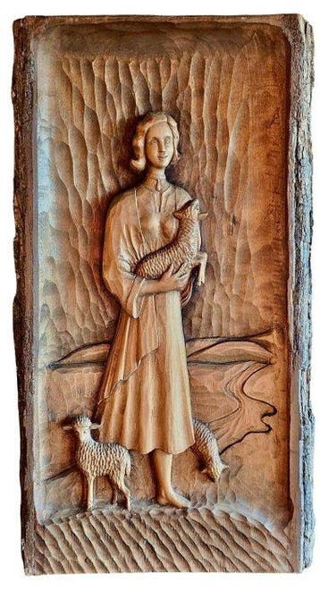 Reliëf, Panneau en bois sculpté - Bas-relief mural - Sainte, Antiek en Kunst