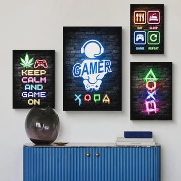 Gaming Neon Canvas Poster: Eat Sleep Game Repeat - Decoratie, Huis en Inrichting, Woonaccessoires | Wanddecoraties, Verzenden
