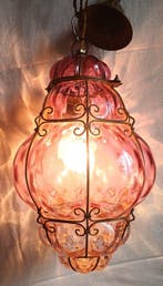 Plafondlamp - Glas, Metaal - Vintage hanglamp in roze glas,