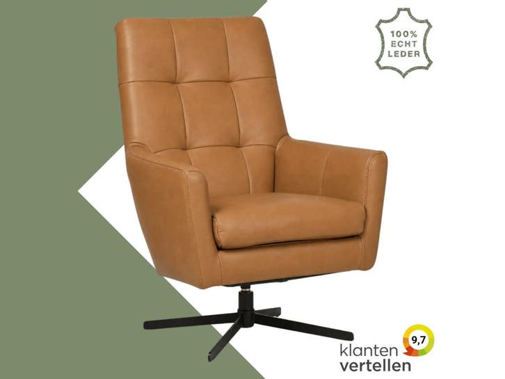 Leren draaifauteuil Central - Granada Sahara (cognac), Huis en Inrichting, Fauteuils, 75 tot 100 cm, 75 tot 100 cm, Nieuw, Leer