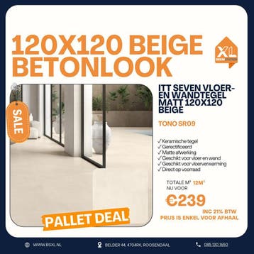 Beige betonlook tegel 120x120 - Palletdeal 12m² €239, 60 cm of meer, Nieuw, Ophalen of Verzenden, 10 m² of meer