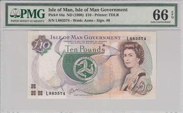 Isle of Man 10 Pounds Nd1998 Pick 44a Pmg Gem Unc 66 Epq, Verzenden