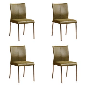 Set van 4 Leren eetkamerstoelen Basic - Vintage Olive, Huis en Inrichting, Stoelen, Ophalen of Verzenden, Nieuw, Leer