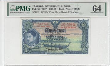 1937 Thailand 1 Baht Pick 26 Pmg Choice Unc 64, Verzenden