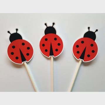 24x Lieveheersbeestje Cupcake Toppers - Rood met Zwarte Stip