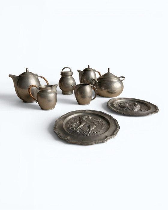 Theepot (8) - Rattan, pewter - Antieke tinnen tafelgerei, Antiek en Kunst, Curiosa en Brocante