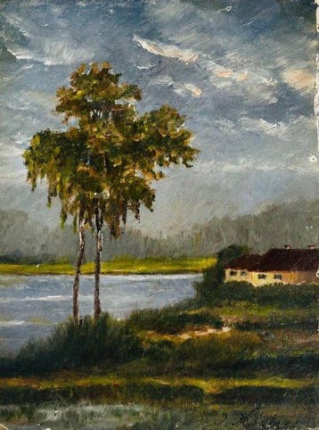 Julius Köckert (1827–1918) - Haus am See mit Birke, Antiek en Kunst