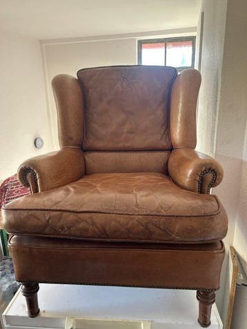 Fauteuil - Leder - Vintage leren bank, Antiek en Kunst