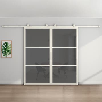 Dubbele stalen schuifdeur - 3 Vlaks - Wit - Rook glas, Doe-het-zelf en Verbouw, Kozijnen en Schuifpuien, 75 tot 150 cm, Nieuw