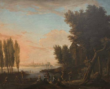 Franse school (XVIII) - Paysage pêcheurs dans un port