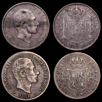 Spanje. Alfonso XII. 10 centavos de peso y 50 Centavos de