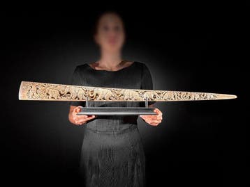 GEEN MINIMUMPRIJS - Prachtig groot zwaardvisrostrum op een, Antiek en Kunst