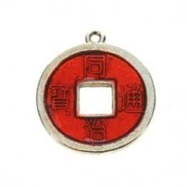2 x Chinese geluksmunt emaille 20 x 23mm oogje: 1,5mm rood, Ophalen of Verzenden, Nieuw, Bedel