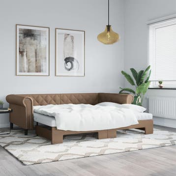 vidaXL Slaapbank en onderschuifbed 90x200 cm kunstleer, Overige materialen, 90 cm, Eenpersoons, Bruin