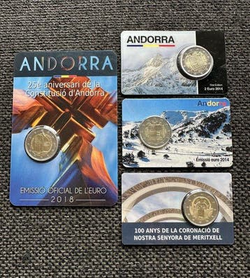 Andorra. 2 Euro 2014/2021 (4 stuks) Proof + BU (Zonder