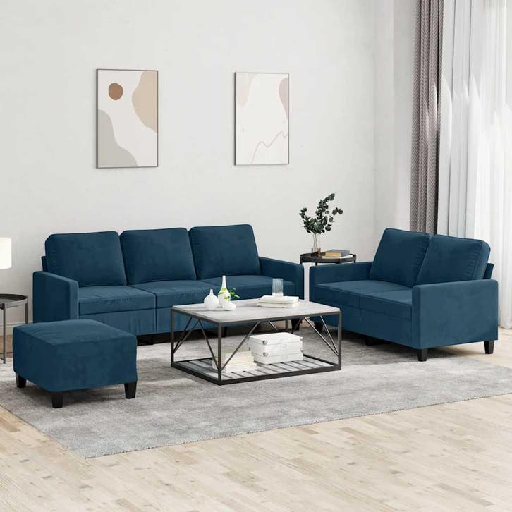 vidaXL 3-delige Loungeset met kussens fluweel blauw, Huis en Inrichting, Banken | Bankstellen, Nieuw, Stof, Vierpersoons of meer