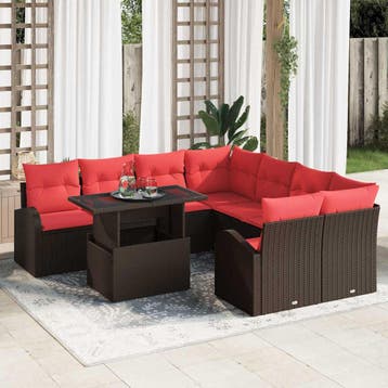 vidaXL Tuin Sofa Set 9 st Bruin Poly Rattan, Tuin en Terras, Tuinsets en Loungesets, Verzenden, Nieuw, Rotan, Meer dan 8 zitplaatsen