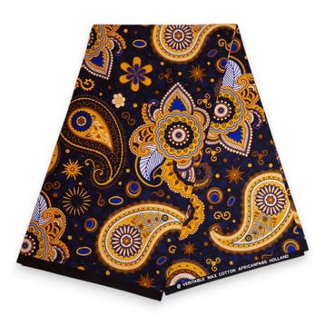 Afrikaanse print stof - Donkerblauw Geel Paisley - 100% kato, Hobby en Vrije tijd, Stoffen en Lappen, Ophalen of Verzenden, Nieuw