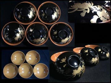 Set of 5 Vintage Japanese Wajima-nuri Lacquer Bowls -