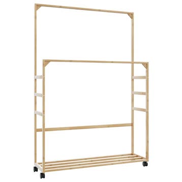 vidaXL Kledingrek met schappen en wielen 90x35x155 cm bamboe, Verzenden, Nieuw